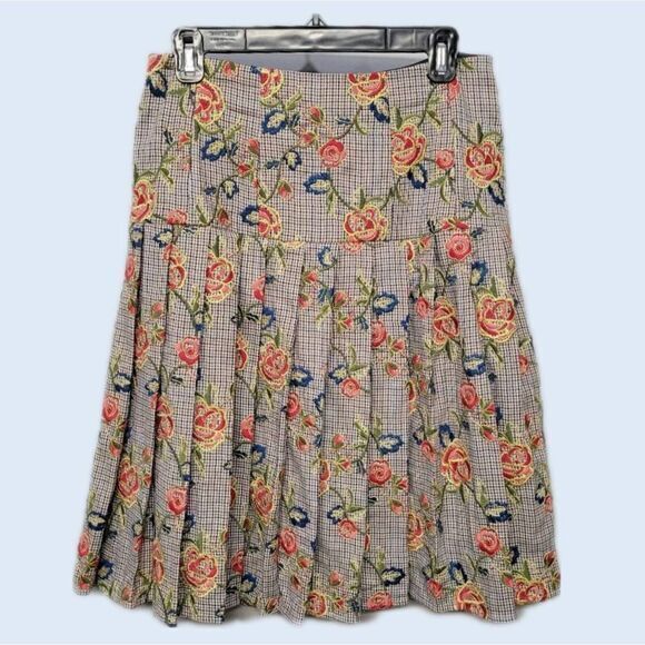 Brooks Brothers Skirt SZ 4 Houndstooth Floral Embroidery Pleats Unique Academia‎ - Picture 1 of 9